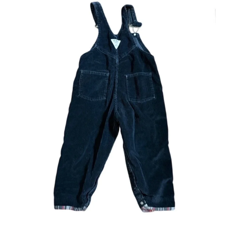 Vintage OshKosh B'gosh Black Corduroy Plaid Flannel Trim Overalls 3T Kids